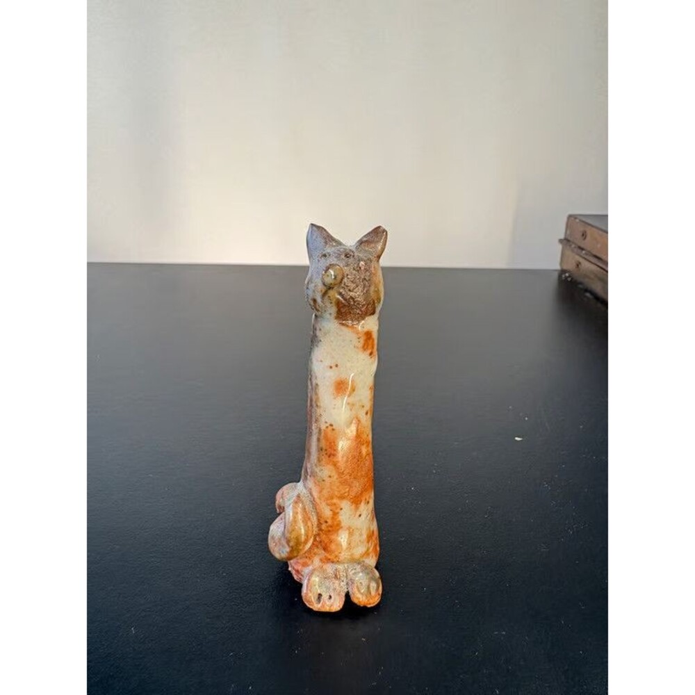 Wood Fired Pottery Cat Figurine Tall Seated Orange Flashing Studio Ceramic